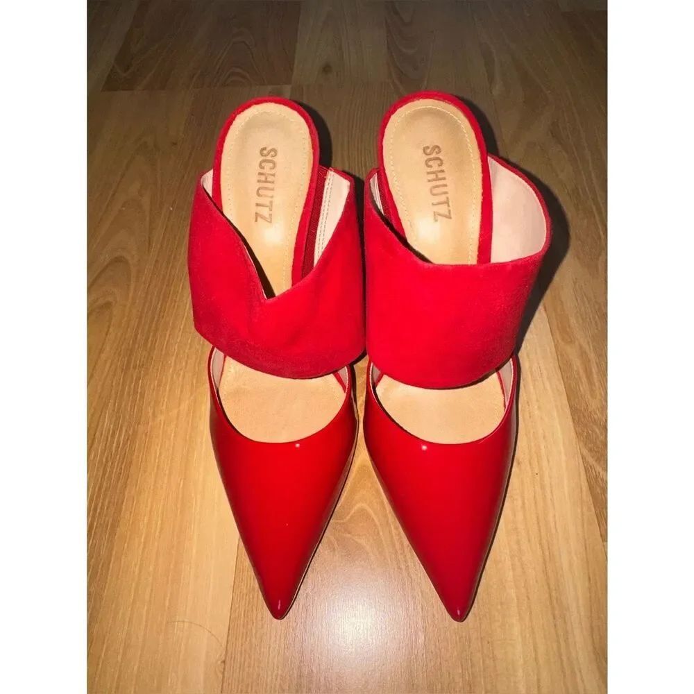 SCHUTZ Red Patent & Suede Pointed Slide Mules
